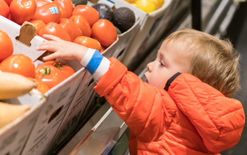 Enfant qui choisit un légume à l’épicerie